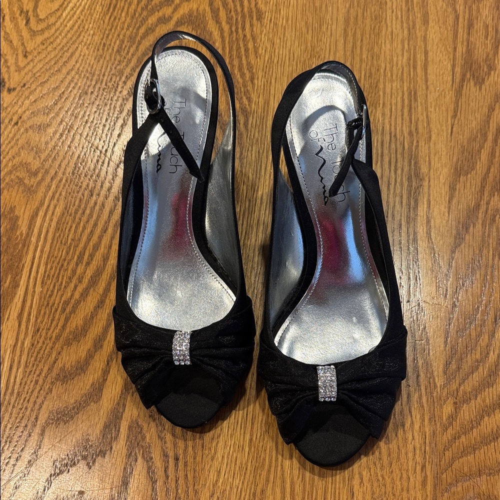 Unlisted Black Peep-Toe Heels with Rhinestone Accent
